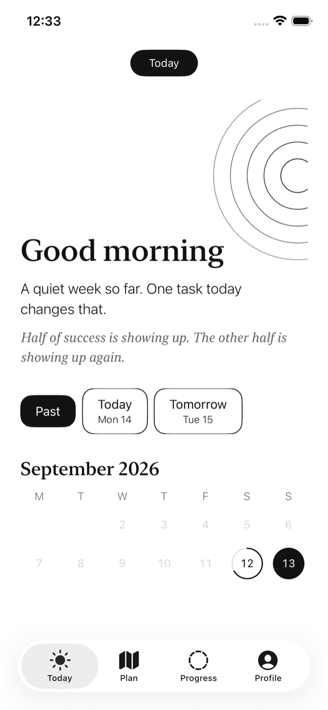 The past calendar: done days drawn as rings on a month grid.